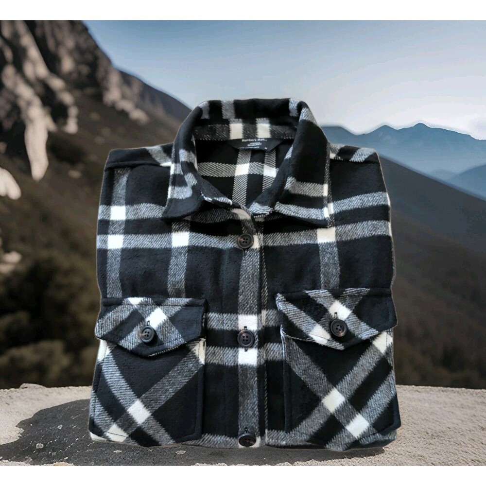 MEMBERS MARK WOMEN'S MEDIUM BLACK AND WHITE PLAID FLANNEL SHAKET EUC
